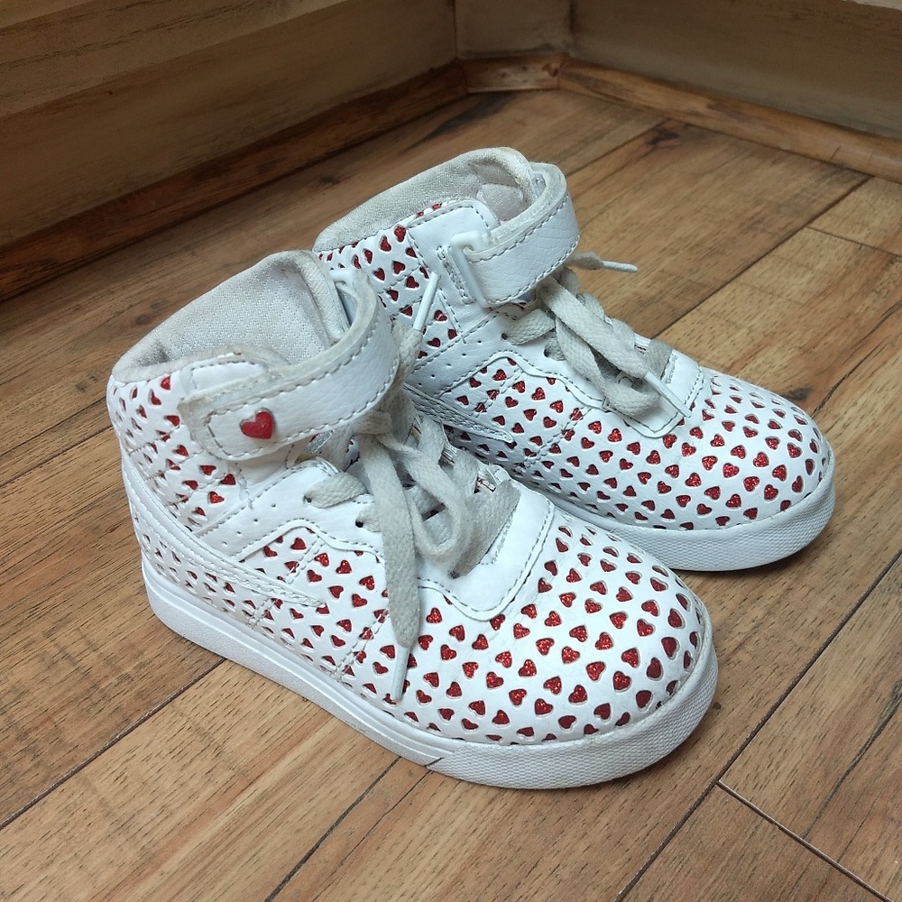 Fila Girls White Red Heart High Tops Size 10